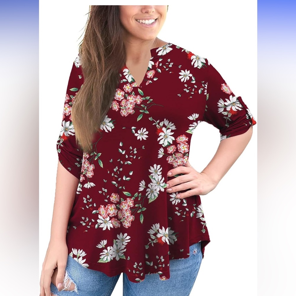 Women's Plus Size Tops 3/4 Roll Sleeve Shirts V Neck Blouses Tunic Top